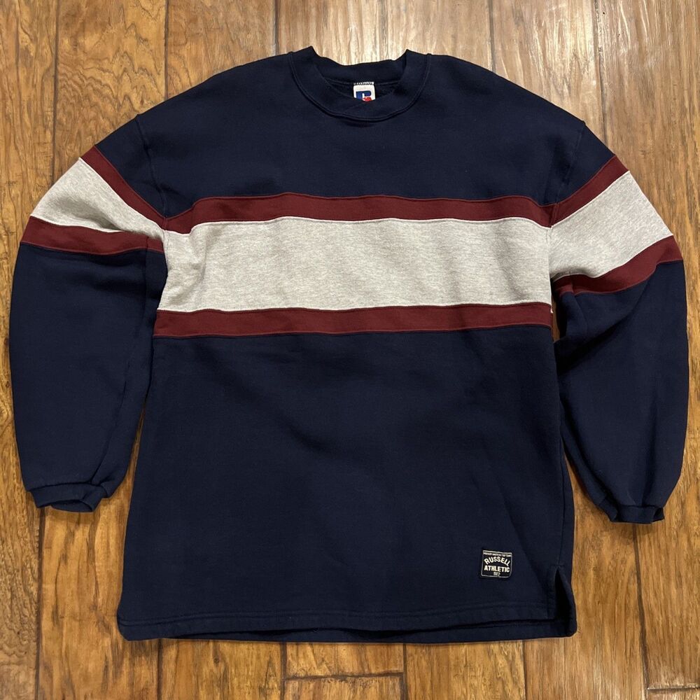 Vintage 90s Russell Athletic Color Block Blue Red Gray Sweatshirt - Men’s XL